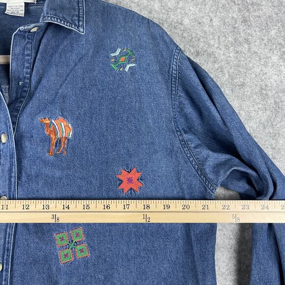 Vintage The Eagles Eye Embroidered Top Womens Medium Blue Denim Tribal Aztec 90s - Picture 7 of 15